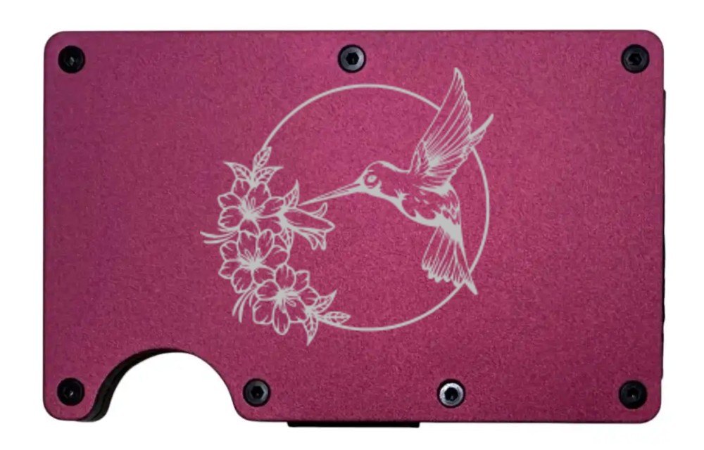 Hummingbird design laser engraved on a wine red metal wallet (preview)