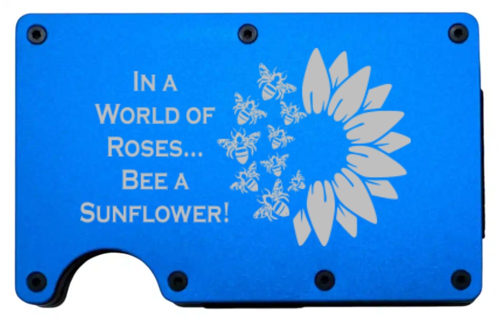In a World of Roses…Bee design laser engraved on a blue aluminum RFID wallet