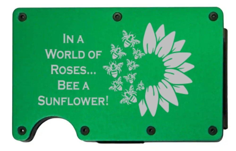 In a World of Roses...Bee design laser engraved on a bright green metal wallet (preview)