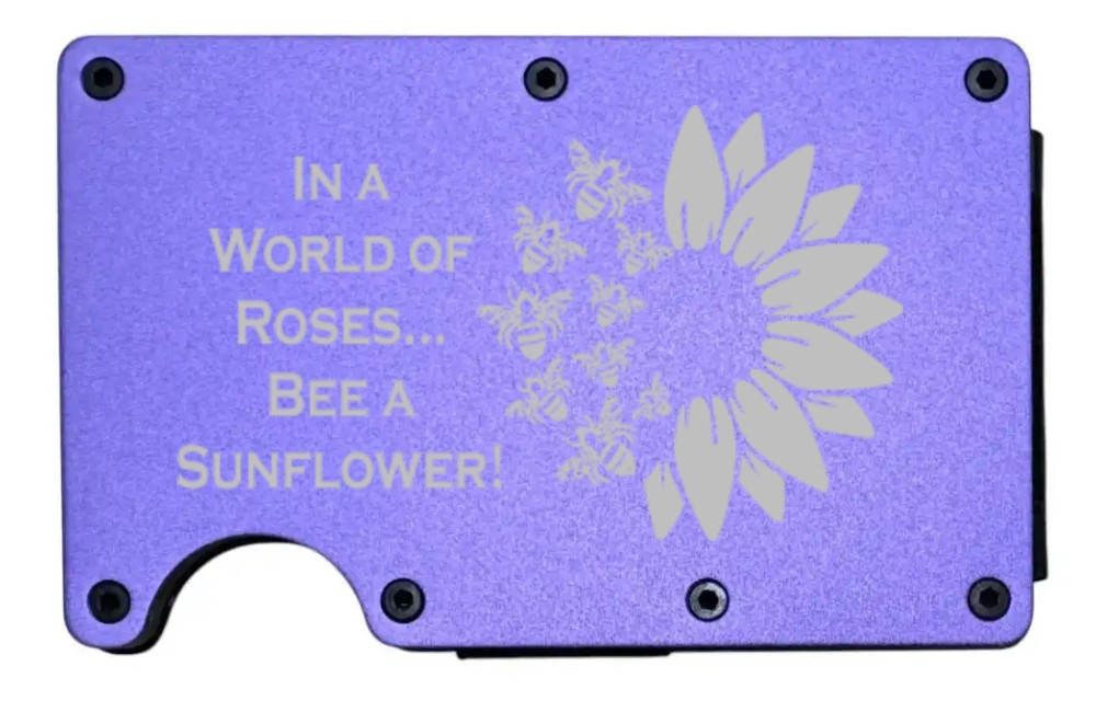 In a World of Roses...Bee design laser engraved on a purple metal wallet (preview)