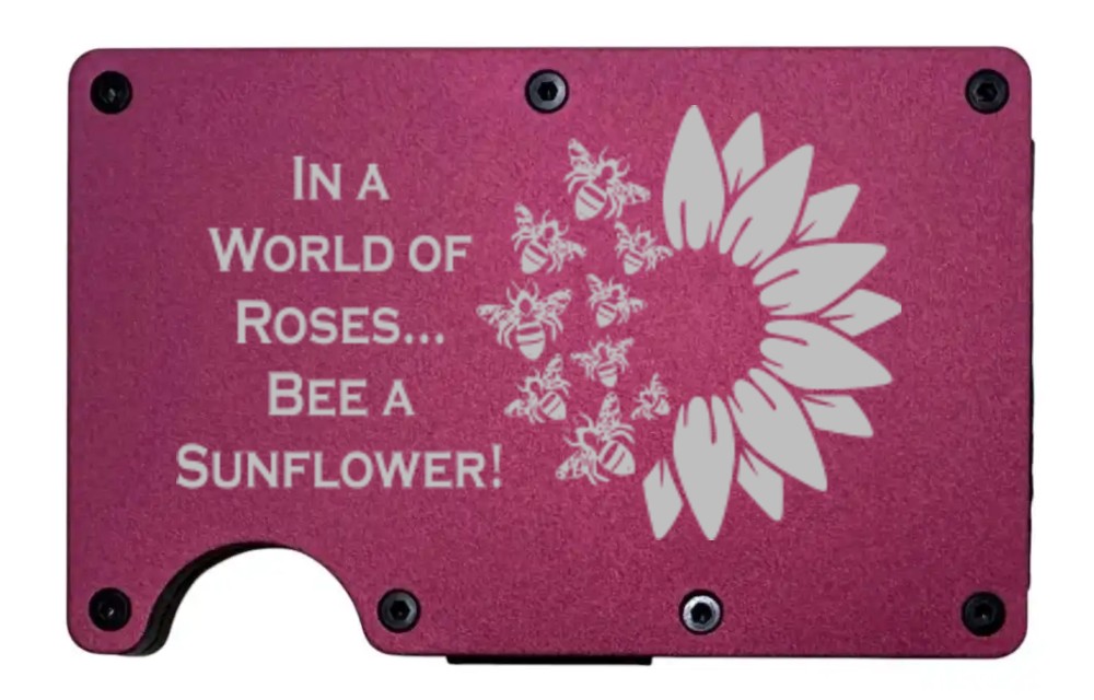 In a World of Roses...Bee design laser engraved on a wine red metal wallet (preview)