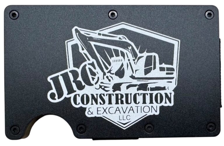 JRC Construction and Excavation logo laser engraved on a black metal wallet