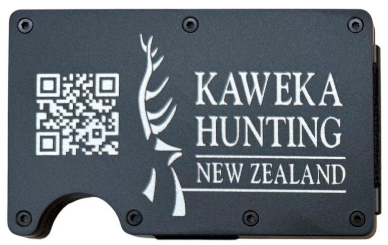 Kaweka Hunting New Zealand logo and QR code laser engraved on a black metal wallet