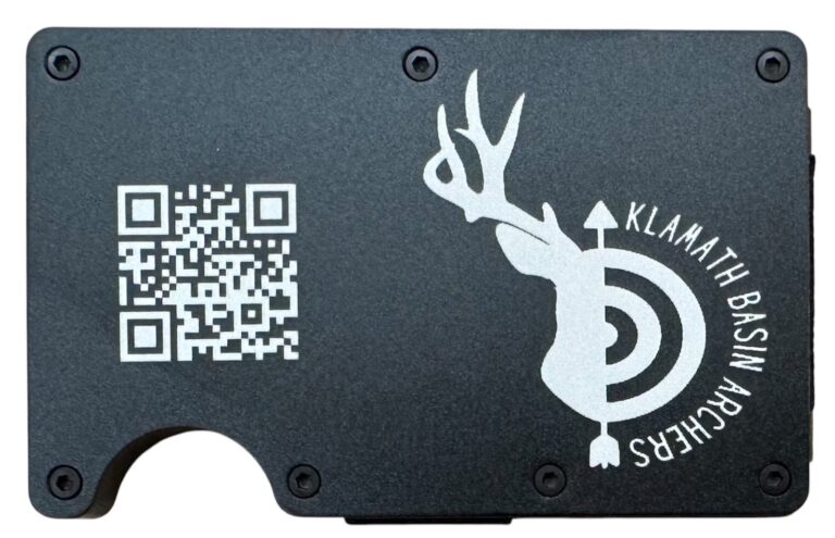 Klamath Basin Archers logo and QR code laser engraved on a black metal wallet