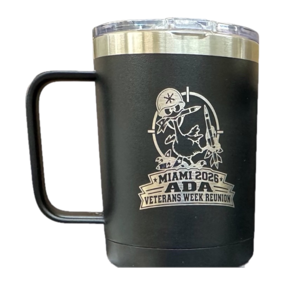 Black 15 oz handled mug laser engraved with the Miami 2026 ADA Veterans Week Reunion logo