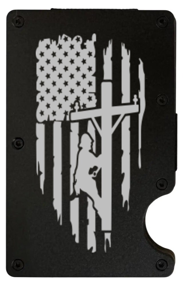 Lineman Flag design laser engraved on a black metal wallet, portrait (preview)