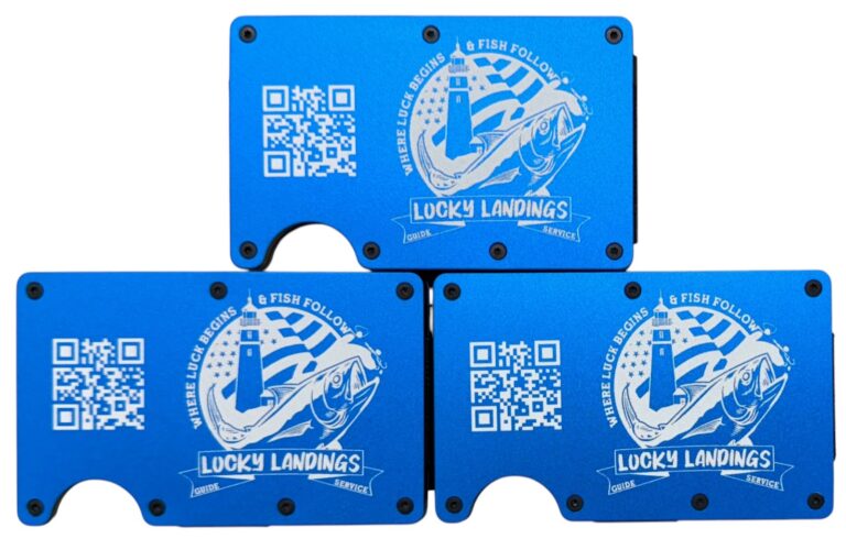 Lucky Landings logo and QR code laser engraved on blue metal wallets
