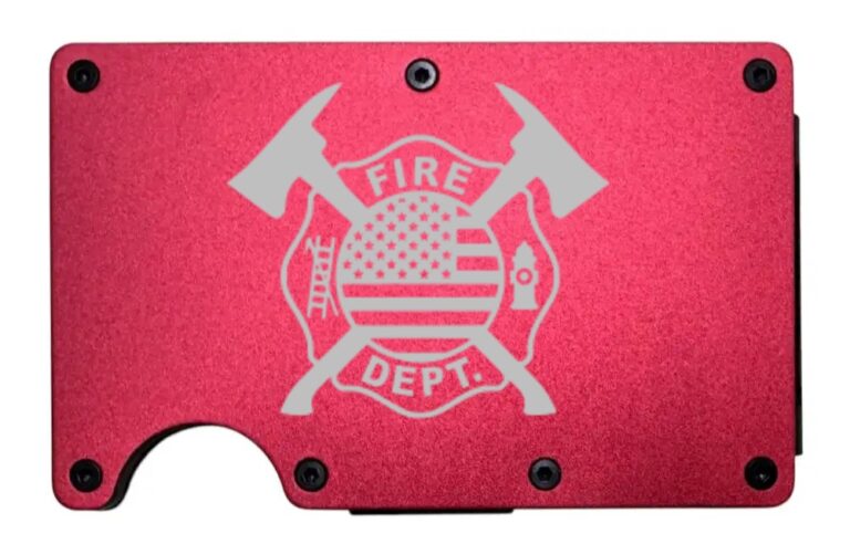 Maltese Cross laser engraved on a red metal wallet