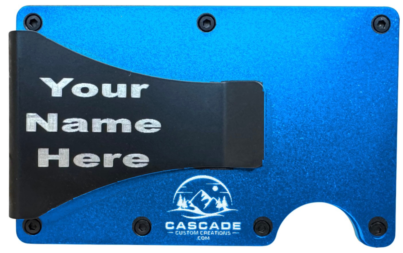 Back of a blue metal wallet showing a name laser engraved on the cash clip