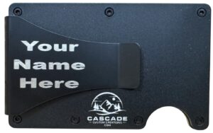 Back of the wallet showing the cash clip where the name is engraved