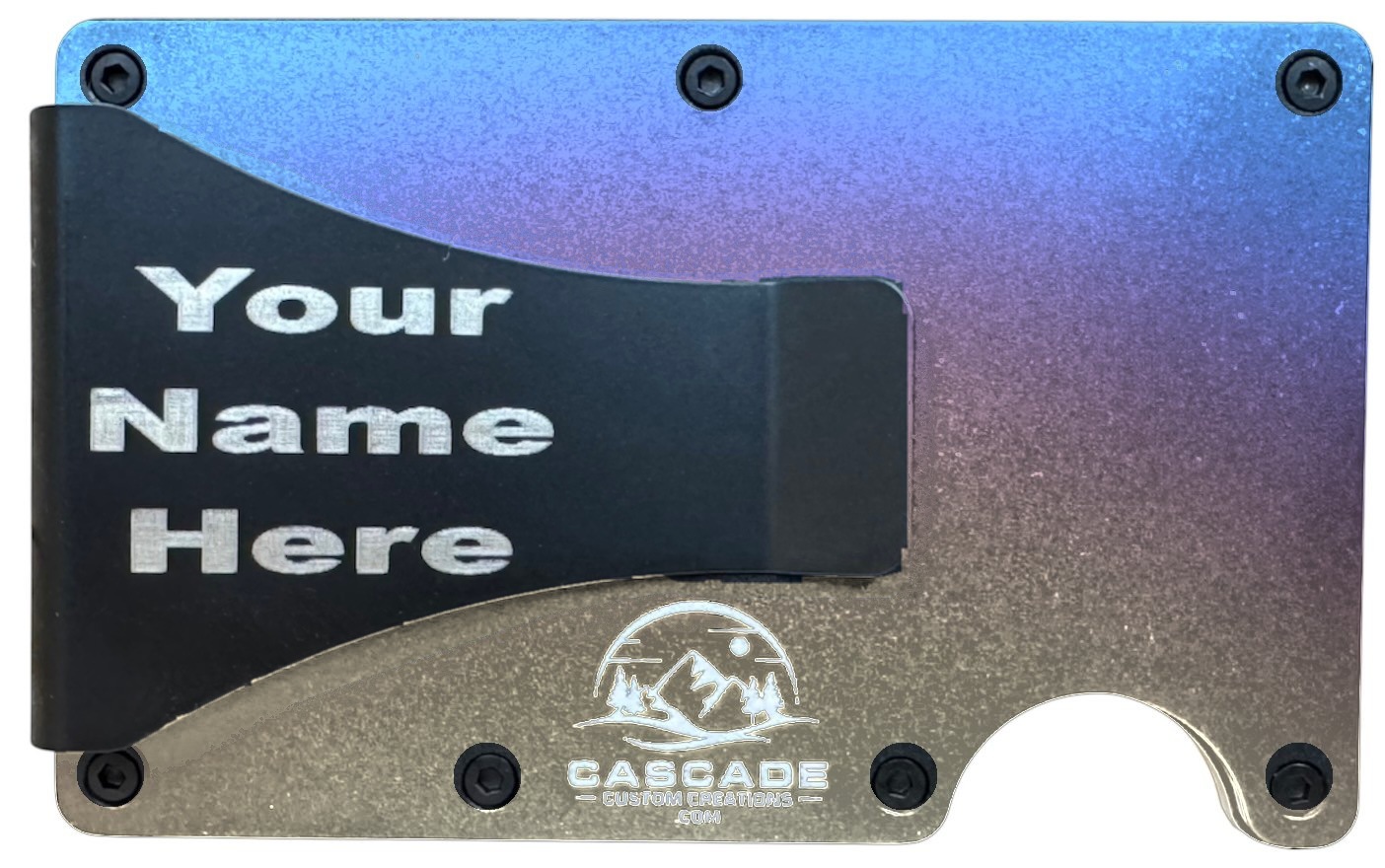 Back of a titanium metal wallet showing a name laser engraved on the cash clip