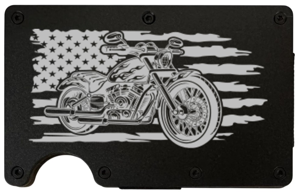 Motorcycle Flag design laser engraved on a black metal wallet (preview)