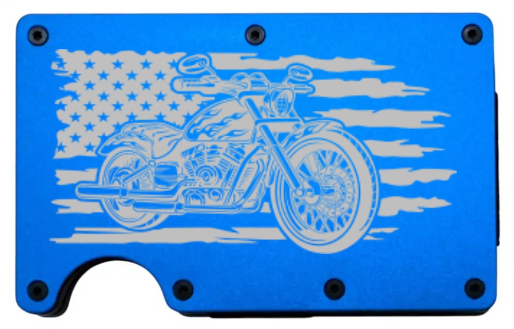 Motorcycle Flag design laser engraved on a blue aluminum RFID wallet