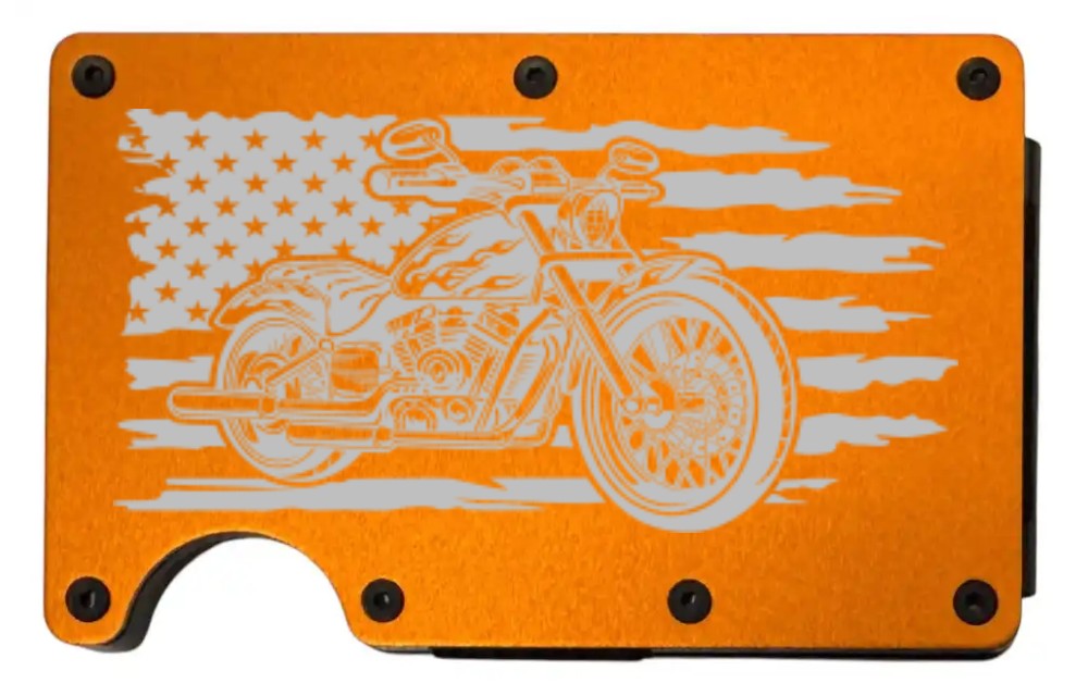 Motorcycle Flag design laser engraved on a orange aluminum RFID wallet
