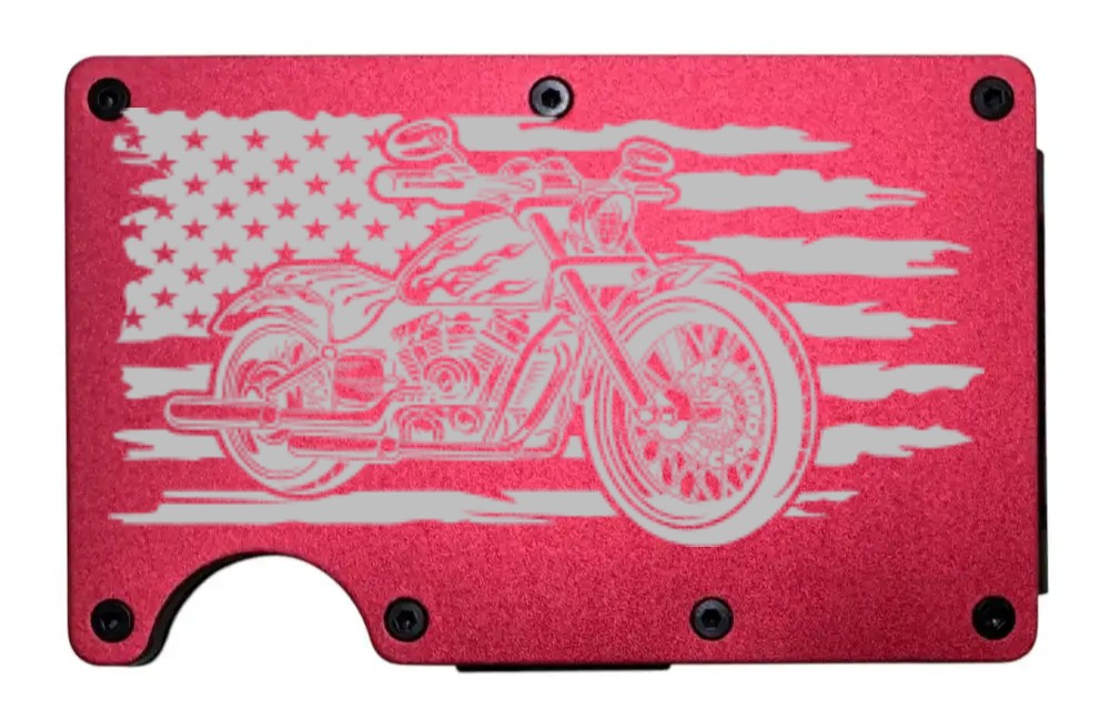 Motorcycle Flag design laser engraved on a red aluminum RFID wallet