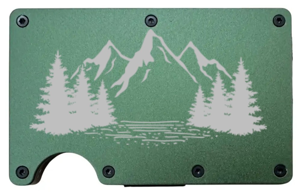 Mountains, Lake, and Forest design laser engraved on a army green metal wallet (preview)