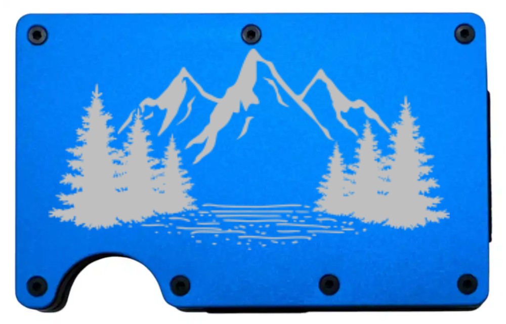 Mountains, Lake, & Forest design laser engraved on a blue aluminum RFID wallet