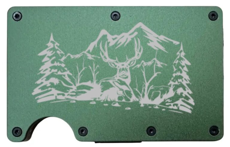 Mule Deer Mountains design laser engraved on an army green metal wallet (preview)