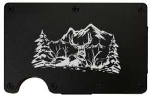 Mule Deer Mountains laser engraved on a black metal wallet