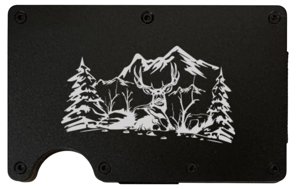 Metal wallet laser engraved with a deer and mountains design