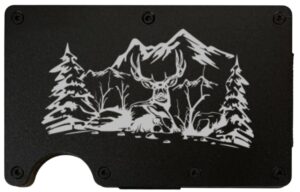 Mule Deer Mountains laser engraved on a black metal wallet