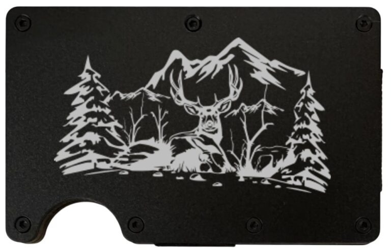 Mule Deer Mountains laser engraved on a black metal wallet
