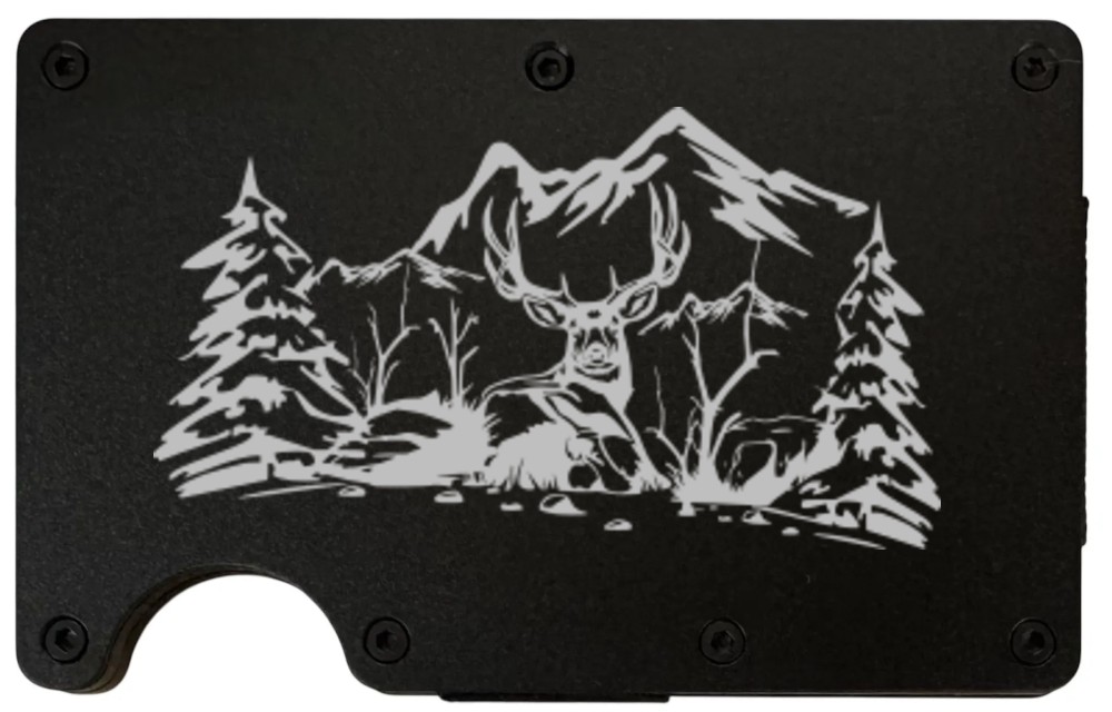 Metal wallet laser engraved with a deer and mountains design