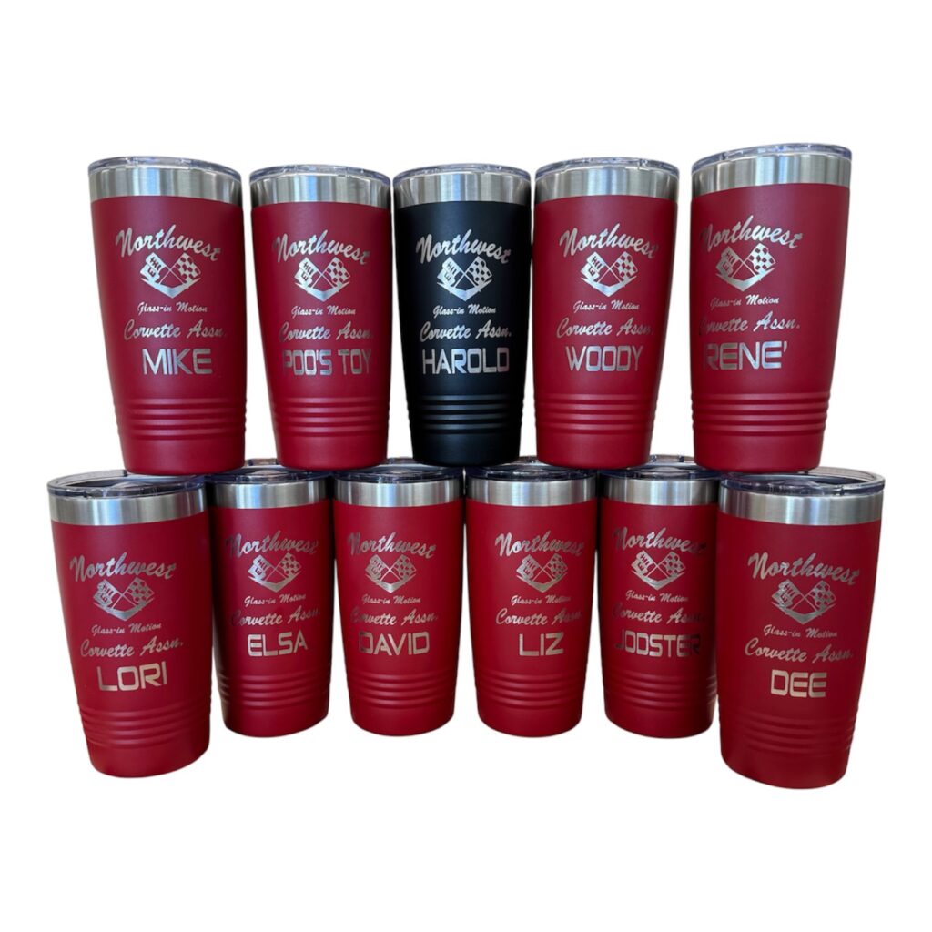 Northwest Corvette Association club tumblers laser engraved with each member's name