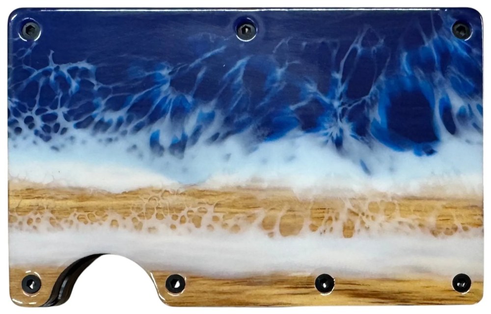 Metal wallet with a wood and dark blue epoxy face