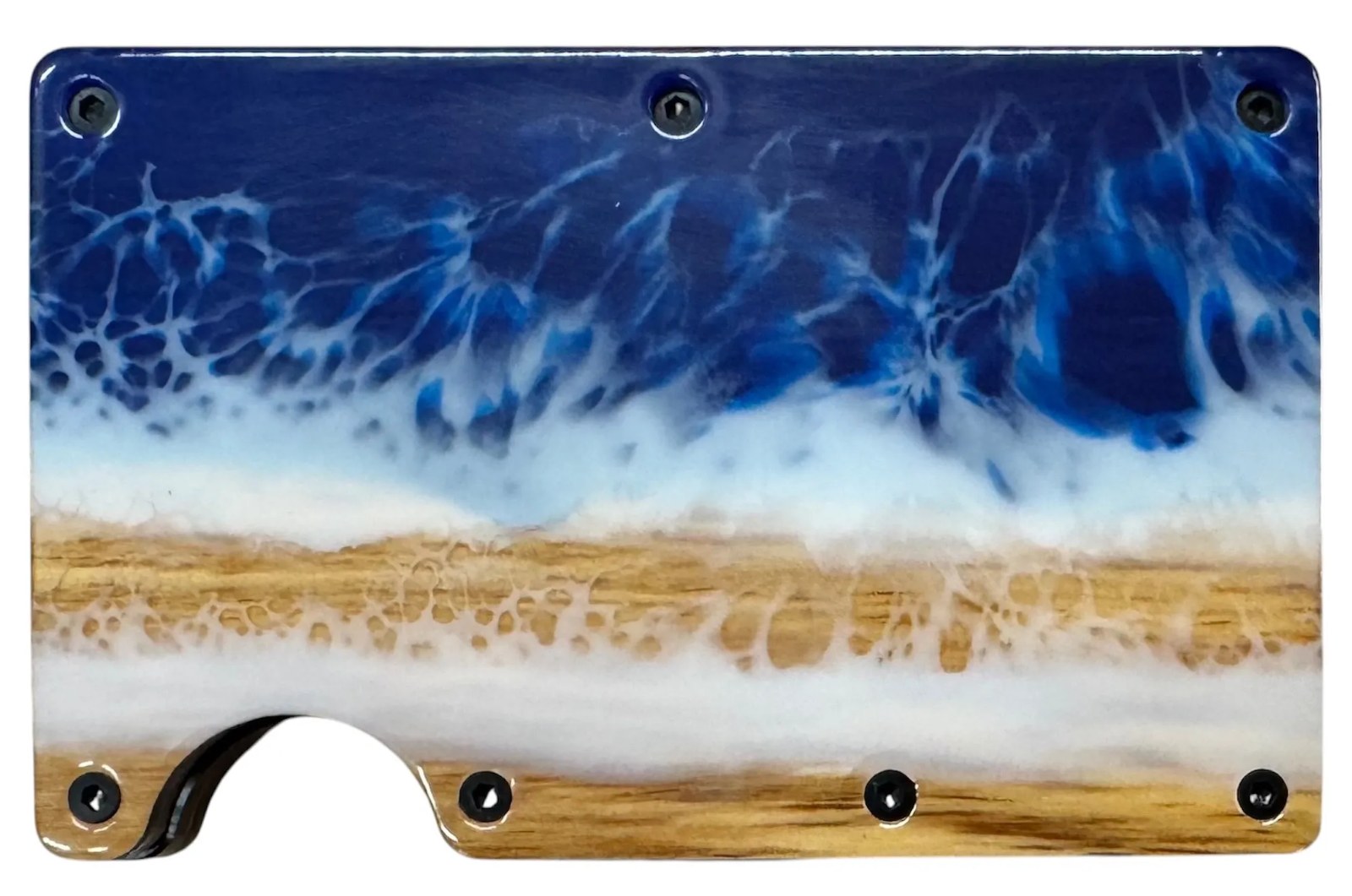 Metal wallet with a wood and dark blue epoxy face