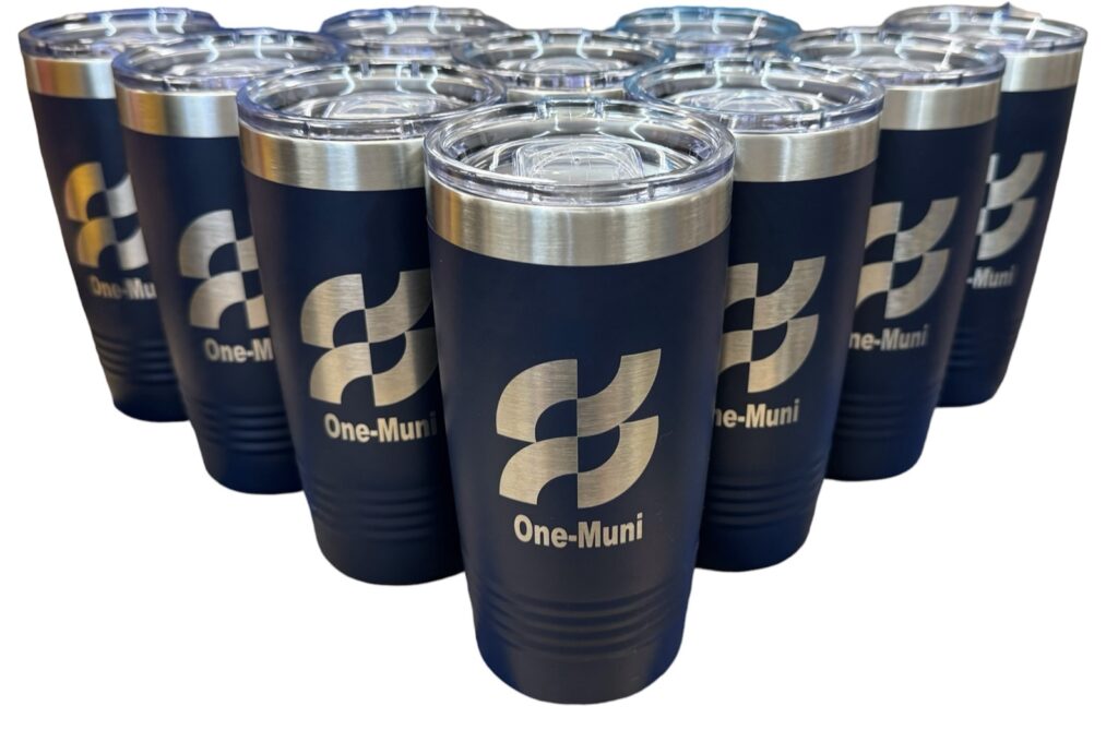 One-Muni company logo laser engraved on navy 20 oz tumblers