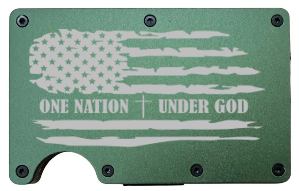 One Nation Under God design laser engraved on a army green metal wallet (preview)