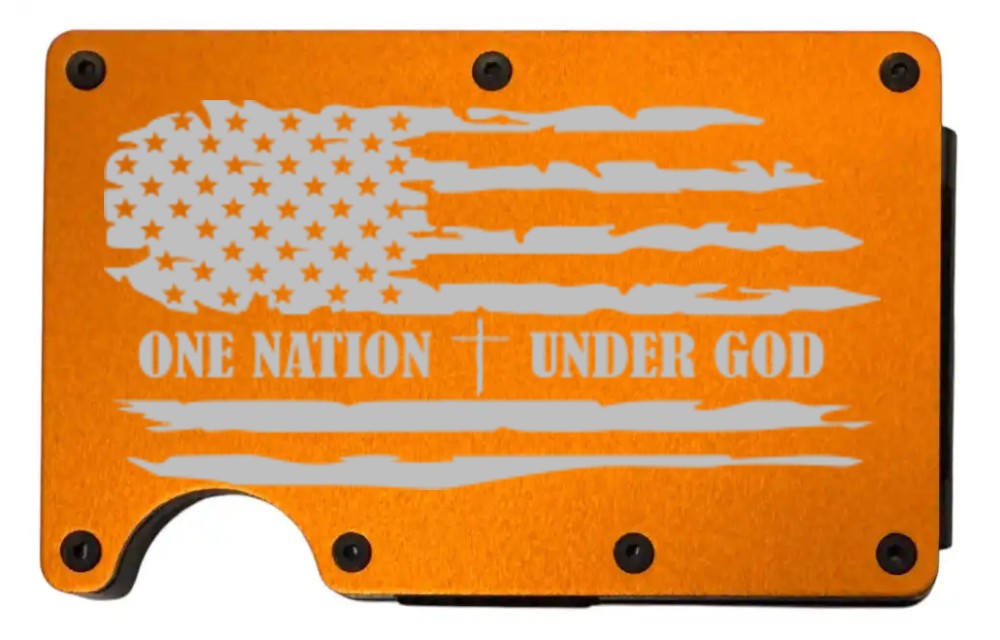 One Nation Under God design laser engraved on a orange metal wallet (preview)