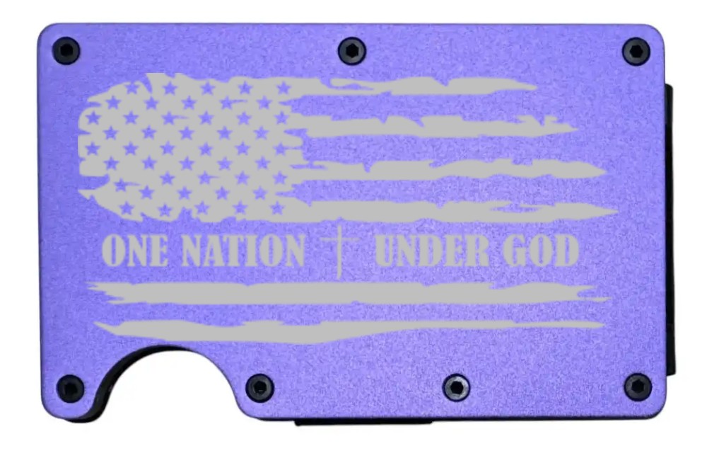 One Nation Under God design laser engraved on a purple metal wallet (preview)