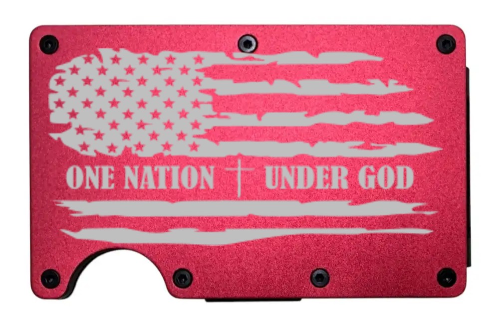 One Nation Under God design laser engraved on a red metal wallet (preview)