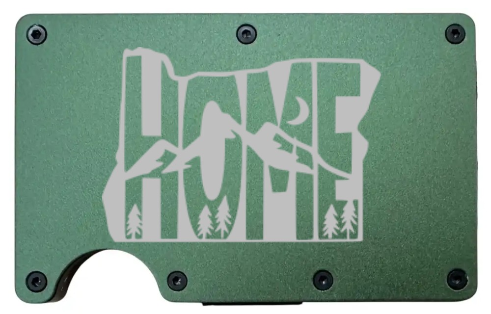 Oregon Home Moon design laser engraved on a army green aluminum RFID wallet