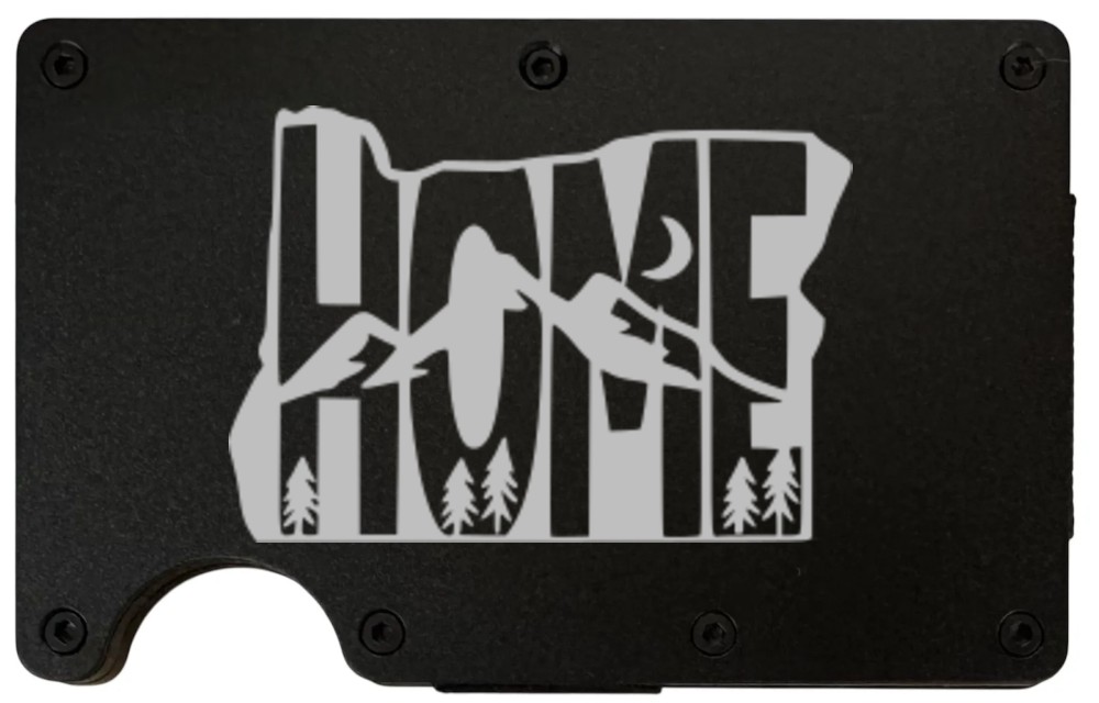 Oregon Home Moon design laser engraved on a black metal wallet (preview)