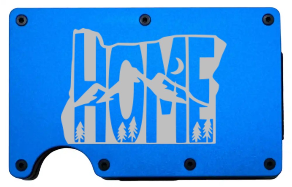 Oregon Home Moon design laser engraved on a blue metal wallet (preview)