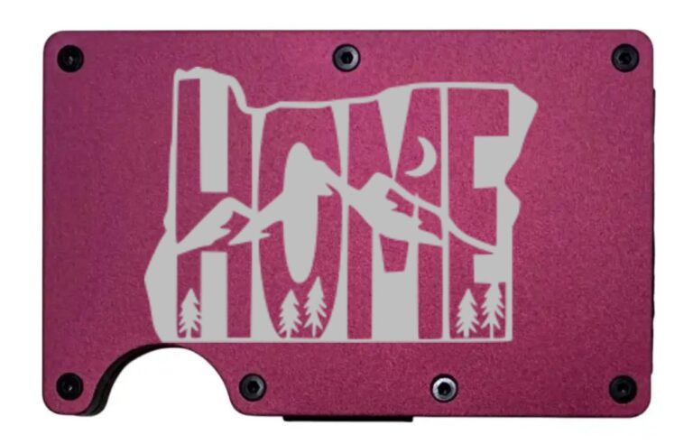 Oregon Home Moon design laser engraved on a wine red metal wallet (preview)