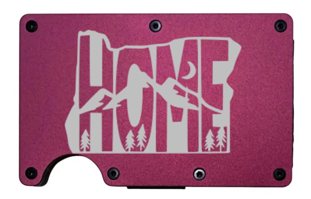 Oregon Home Moon design laser engraved on a wine red metal wallet (preview)