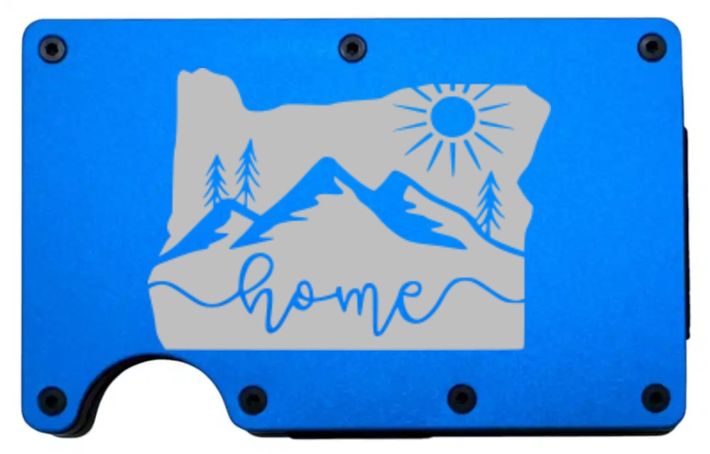 Oregon Home Sun design laser engraved on a blue metal wallet (preview)