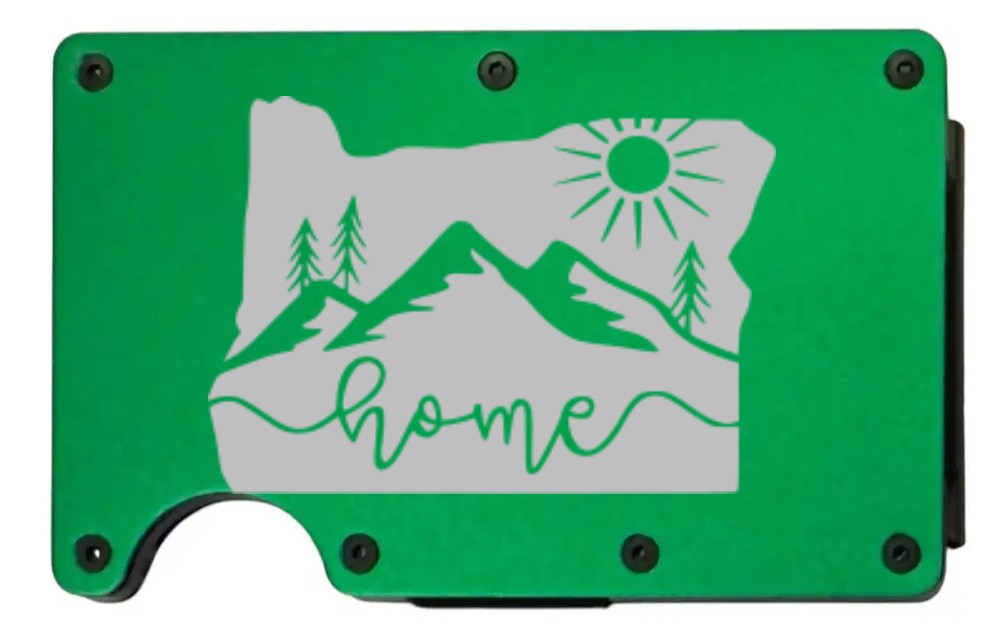 Oregon Home Sun design laser engraved on a bright green metal wallet (preview)