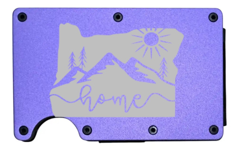 Oregon Home Sun design laser engraved on a purple metal wallet (preview)