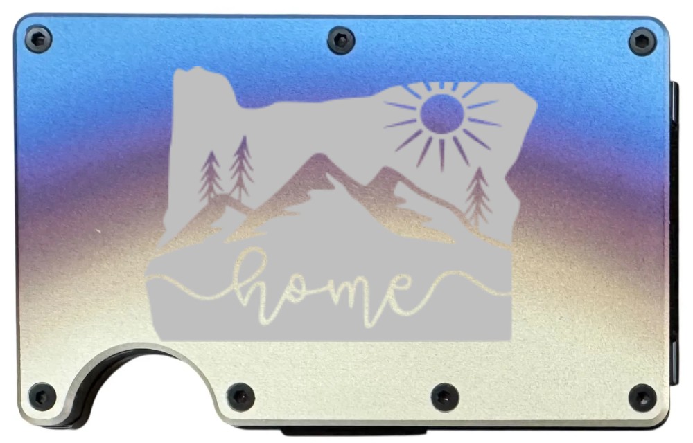 Oregon Home Sun design laser engraved on a titanium finish metal wallet (preview)