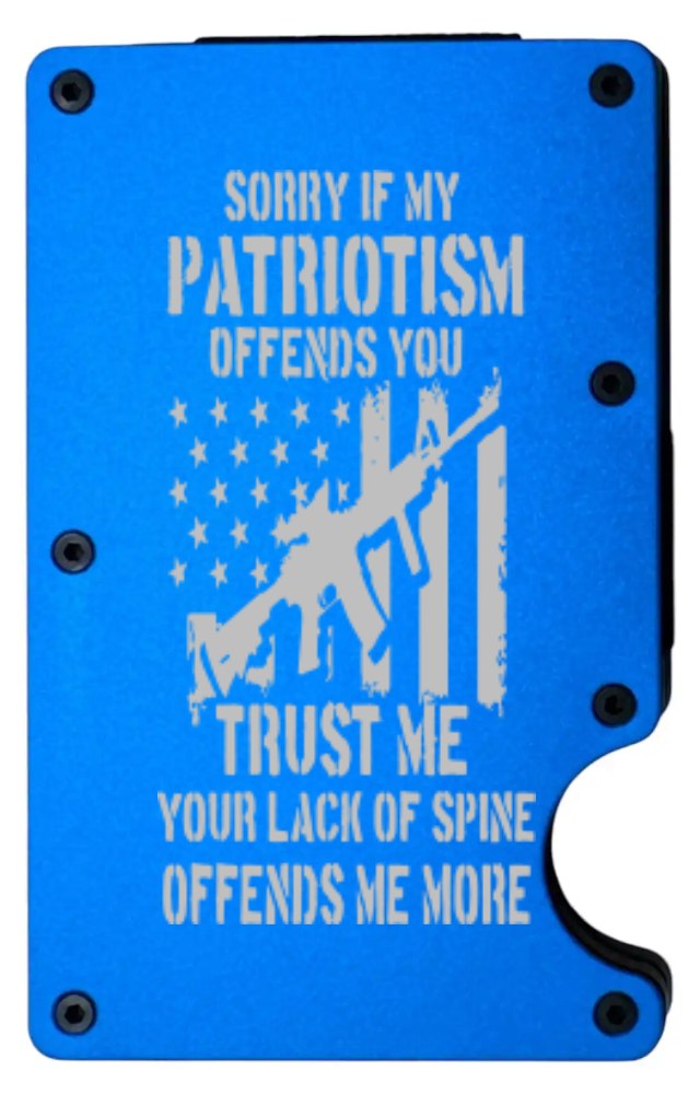 Patriotism design laser engraved on a blue aluminum RFID wallet in portrait