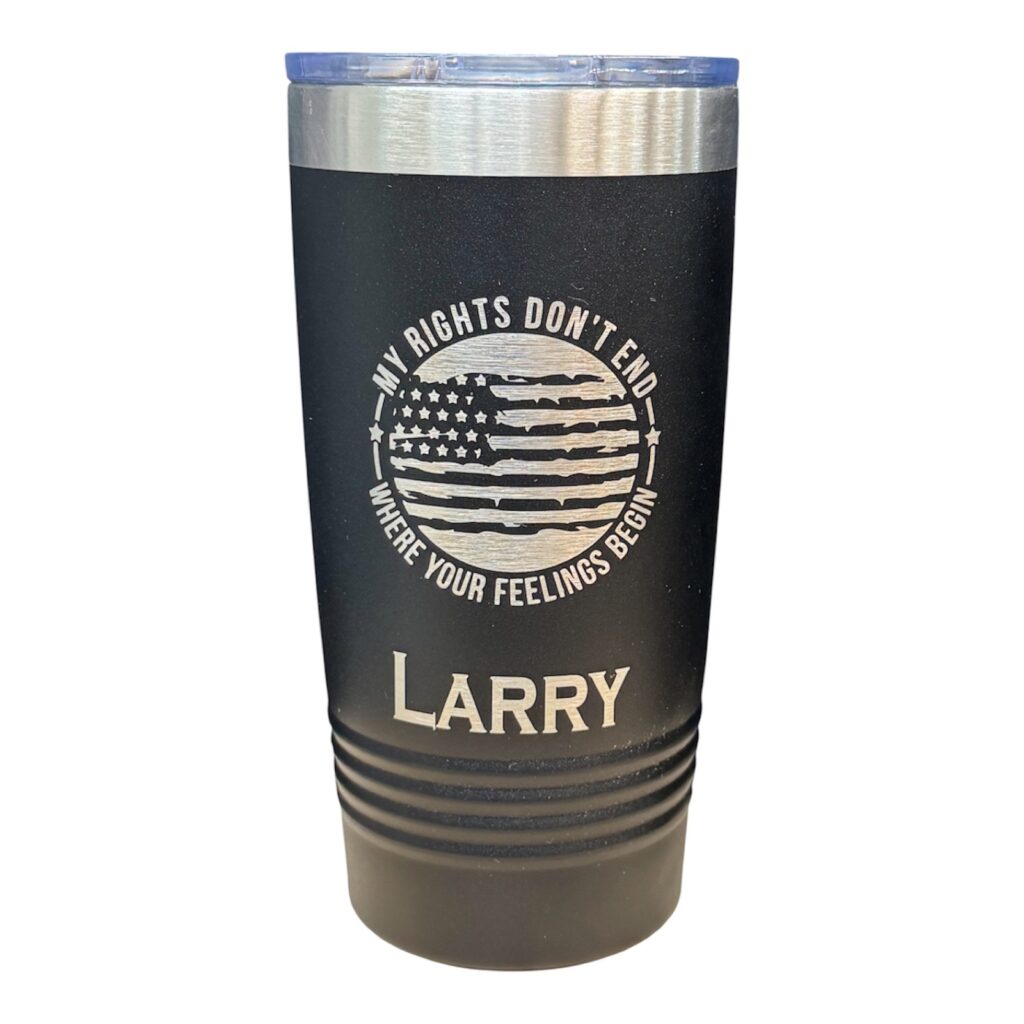 Black tumbler laser engraved with a flag design and the name Larry