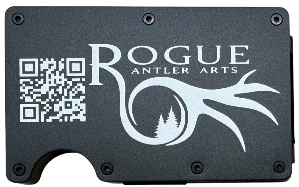Rogue Antler Arts logo and QR code laser engraved on a black metal wallet