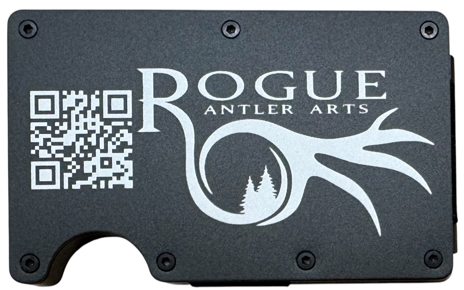 Rogue Antler Arts logo and QR code laser engraved on a black metal wallet