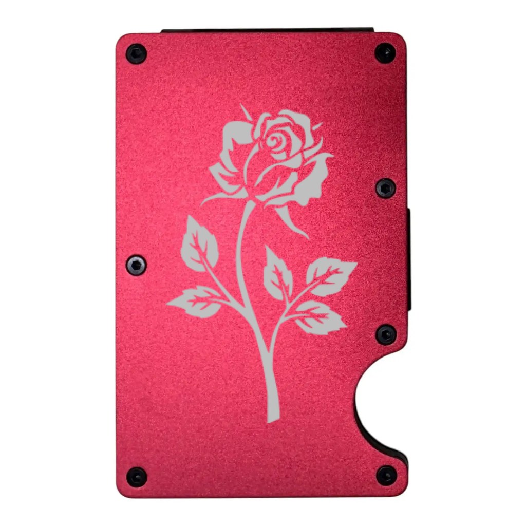 Rose design laser engraved on a red metal wallet, portrait (preview)