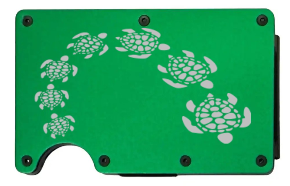 Sea Turtles design laser engraved on a bright green metal wallet (preview)